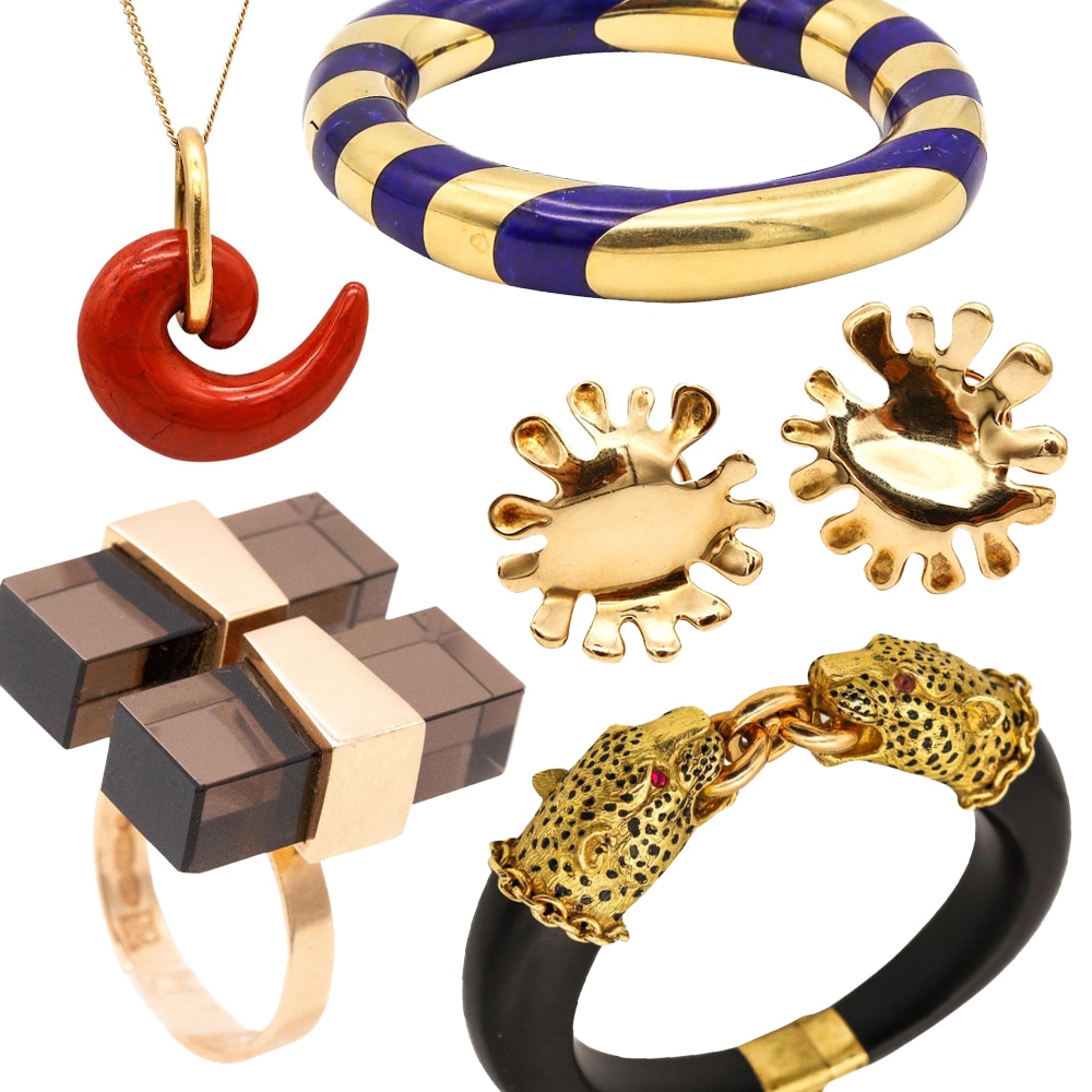 An ANGELA CUMMINGS FOR TIFFANY & CO. 1977 RED-JASPER COMMA NECKLACE, 1977 BANGLE IN GOLD AND LAPIS LAZULI and 1981 pair of GOLD SPLASH EARRINGS; a 1960s GAY FRÈRES PARIS FELINE BRACELET in ebony and gold; and a 1973 KAUNIS KORU RING in gold and smoky quartz.