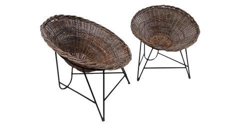 Wicker-basket chairs with metal-wire base, 1950s, offered by Art Broker Design
