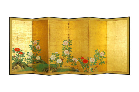 Kano Chikanobu six-panel screen, early 18th century, offered by Kazari