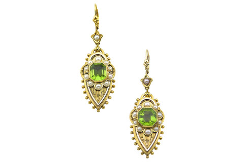 Peridot-pearl-and-gold earrings, ca. 1880, offered by Antiques-Art-Design