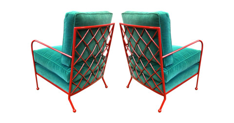 Pair of Croisillon arm chairs in red iron, 1950-60s, by Jean Royère, offered by Andre Hayat