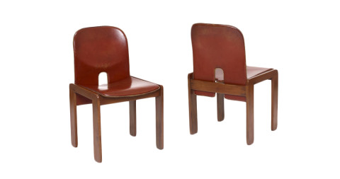 Walnut-and-leather dining chairs, 1974, by Tobia Scarpa, offered by BAC