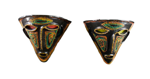 Pair of Kimcherova ceramic mask sconces, 1960, offered by Kimcherova