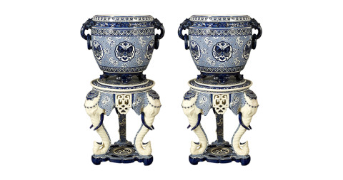 Pair of Minton Majolica jardinieres on elephant-form tripod pedestals, 1882-83, offered by Carlton Hobbs 
