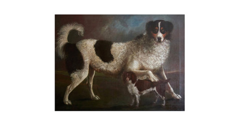 <i>Newfoundland and Spaniel in a Coastal Landscape</i>, early 18th century, offered by Christopher Hodsoll Ltd.