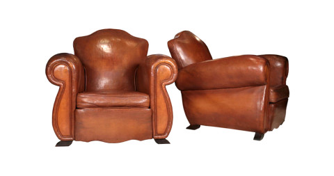 Pair of French Art Deco leather club chairs, 1930s