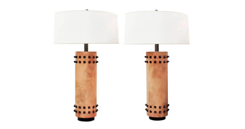 Leather-wrapped French table lamps with bronze spikes, 1940s, offered by Lobel Modern