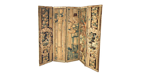 Tapestry-fragment  screen, 17th century, offered by Kevin Stone Antiques  & Interiors