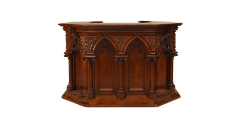 Carved-oak gothic revival pulpit or bar, late-19th or early-20th century, offered by Newel