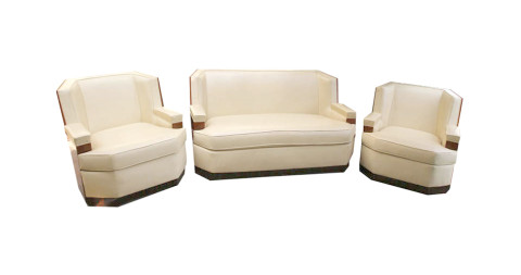 French Art Deco leather and Macassar seating group, ca. 1930