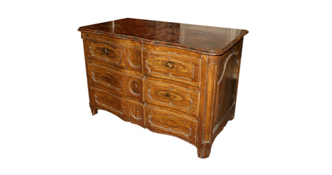 French Louis XIV–style faux wood and marble galbée commode, early-18th century