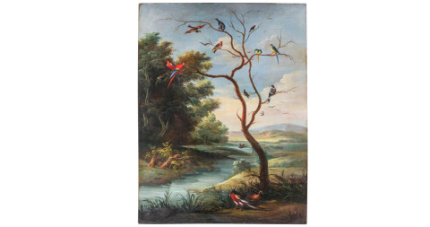 Landscape with birds, 1790, attributed to Jan van Kassel, offered by Verdini C Antichita