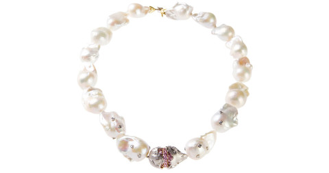 Baroque-pearl necklace with gold rondel and pink sapphires, 2014, offered by Stambolian