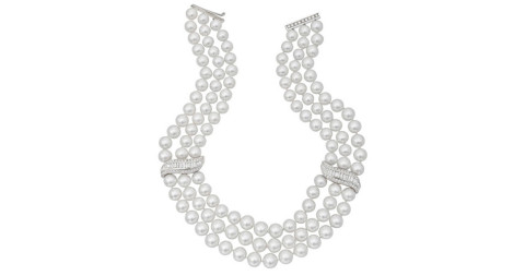 Three-strand pearl and diamond necklace, 21st century, offered by Betteridge