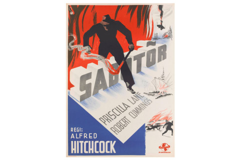 Original Swedish poster for the 1942 Hitchcock film  <i>Saboteur</i>, offered by the Reel Poster Gallery