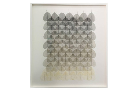 Miya Ando's <i>Bodhi Leaves, Grey Grid</i>, 2015, made from skeleton leaves and microfilament, mounted on archival ragboard and framed in white lacquer and museum Plexiglas, offered by Lora Schlesinger Gallery