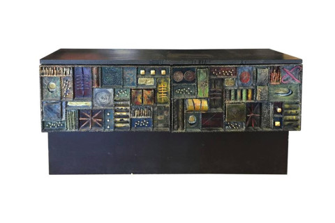 Paul Evans cabinet, 1960s, composed of welded steel, brass, bronze, enamel, gold leaf, paint, slate and wood, offered by Refined Decor