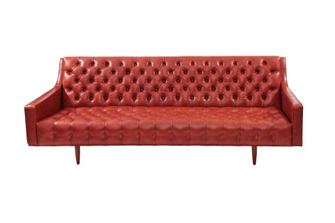 Diamond tufted sofa in cognac leather with walnut legs, late 1950s, offered by Red Modern Furniture