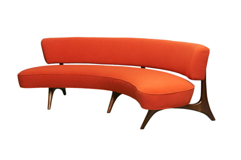 Floating-seat and -back sofa by Vladimir Kagan, circa 1952, walnut frame with poppy-colored upholstery, offered by Almond Hartzog