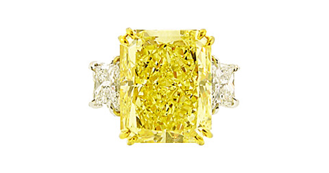 Ten-carat, natural canary-yellow, radiant-cut diamond ring, 2014, offered by Moboco