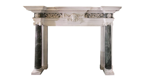 This ornate <u>George II  <i>verde antico</i> marble mantelpiece</u>, ca. 1750, offered by Chesney's, is believed to have been made for the London house of the fourth Earl of Chesterfield.