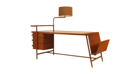 Hinged-lamp desk attributed to Jacques Adnet, 1940s, offered by Newel