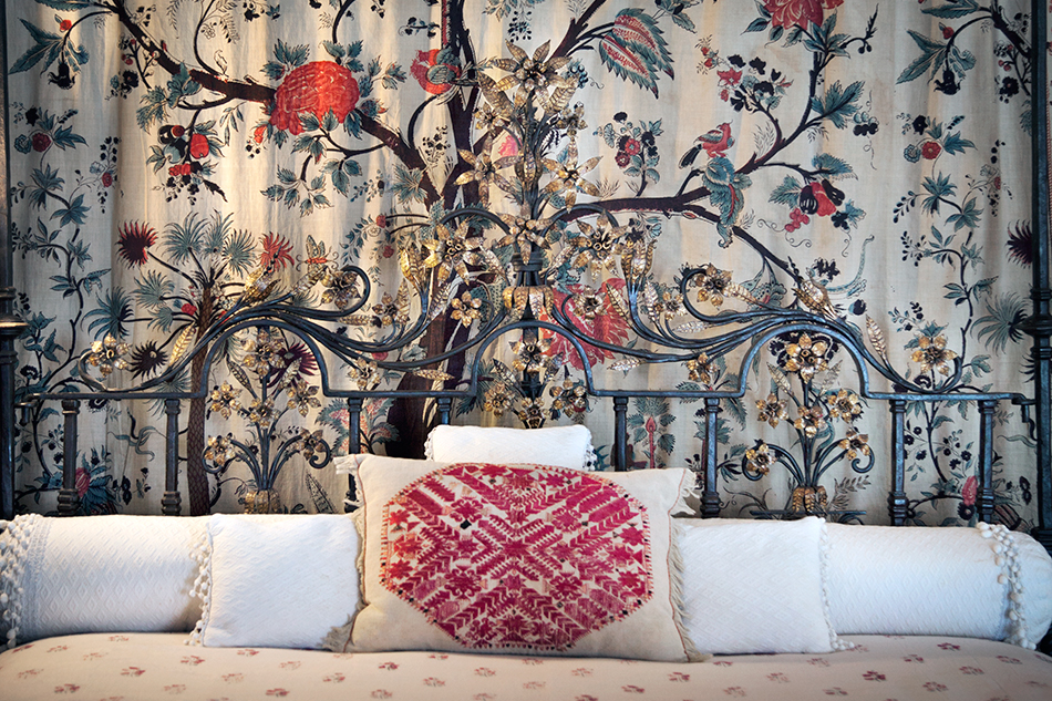 Robert Kime on Instagram A bedroom in the original building guntonarms  discussed here  Dog Rose  wallpaper mixes with  Ashoka Stripe  at the  windows