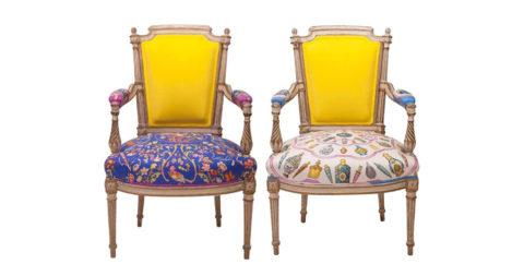 Louis XVI-style armchairs, ca. 1890, in vintage Hermès silk and Oscar de la Renta cashmere, offered by Sasha Bikoff