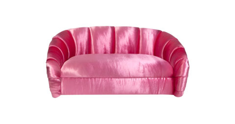 Croissant sofa in pink velvet, ca. 1980, offered by Sasha Bikoff