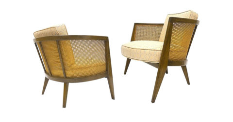 Harvey Probber cane barrel-back chairs, 1950s, offered by Modern on the Hudson