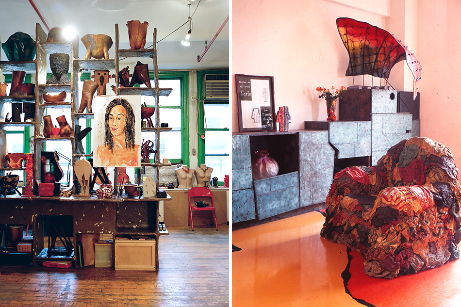 Left image: Art, artifacts and objets adorn the room-dividing shelves of Pesce’s New York studio. Right image: Ruth Lande Shuman hired Pesce to redo her previously all-beige Manhattan apartment.