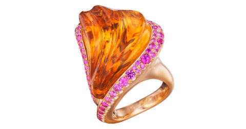 58-carat citrine, pink sapphire and yellow gold ring