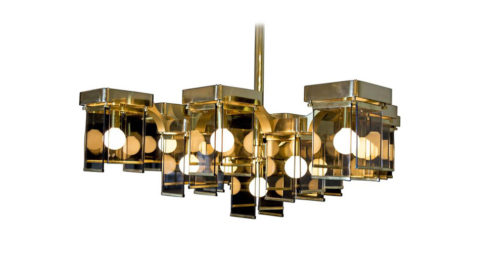 Sciolari Cubic Brass and Smoked Glass Chandelier