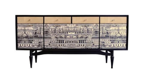 Mid-century sideboard with contemporary Fornasetti-style embellishment, 1950s/21st century, offered by Galerie Georges Bac