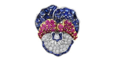 Sapphire, diamond, gold  and platinum pansy pin, 21st century, offered by Shreve, Crump & Low