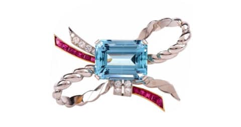 Aquamarine, ruby, diamond, gold and platinum ribbon bow pin, 1940, offered by Dover Jewelry
