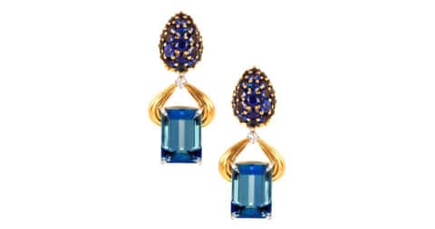 Aquamarine sapphire, diamond, gold and platinum earrings, offered by F.E.I.