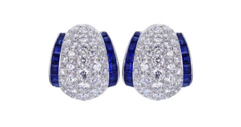 Sapphire, diamond and platinum earrings, 21st century, offered by Shreve, Crump & Low