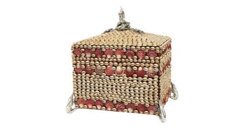 Large seashell-encrusted box with silvered crustacean accents, ca. 1980, offered by F.S. Henemader