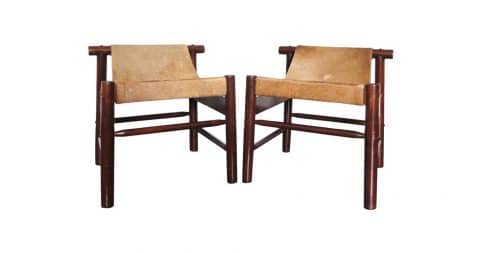 Dujo Cuba architectural stools in mahogany and goat skin, 1970s, offered by Interieurs Modernes