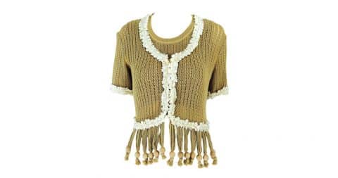 Moschino wooden-bead fringe sweater twin set from the Nature Friendly Garment collection, late 20th century, offered by Palm Beach Vintage