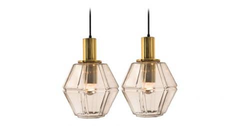 Pair of Limburg geometric brass and clear-glass pendant lights, 1970s, offered by Eclectic-20