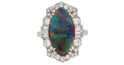  Art Deco black opal and diamond ring, ca. 1935, offered by Berganza