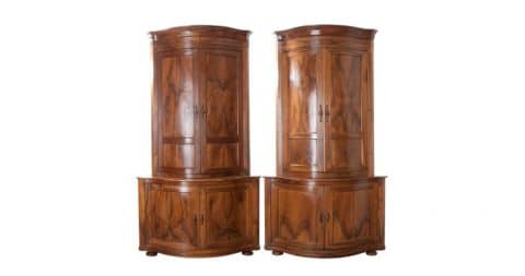 Pair of French walnut corner cabinets, 1870s, offered by Fireside Antiques
