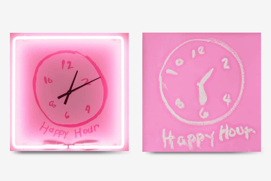 Two clocks showcased in Rachel Lee Hovnanian's "Happy Hour" exhibit