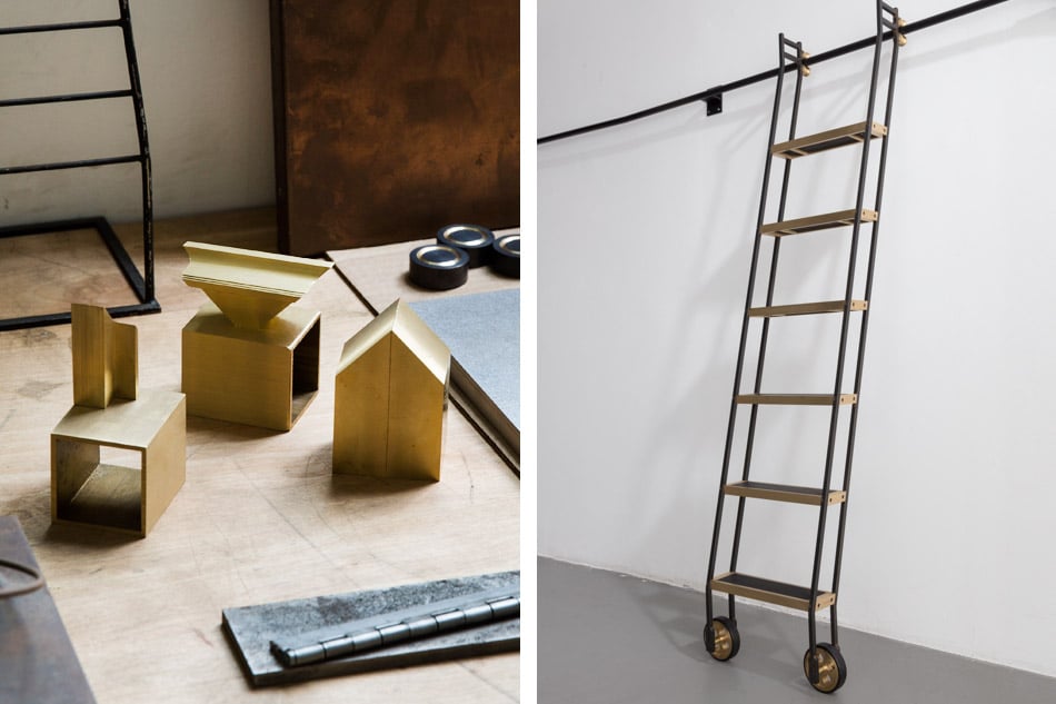 Samples of Gabrielle Shelton's work and a library ladder that appears in her studio