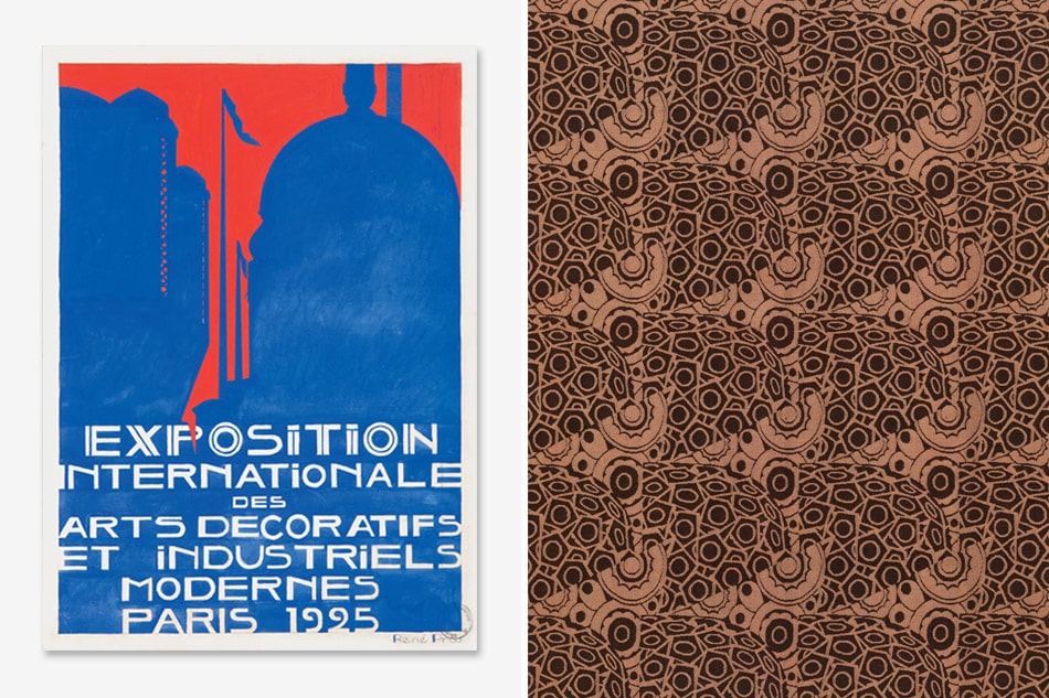 Rene Prou designed poster for the 1925 Exposition and damask fabric