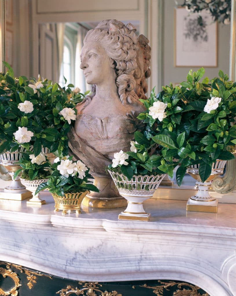 Mantel flowers porcelain gardenias Carolyne Roehm Design & Style: A Constant Thread book Rizzoli
