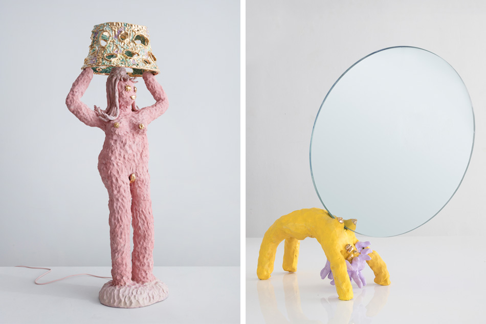 Katie Stout's Pink Large Lady floor lamp and Girl Mirror