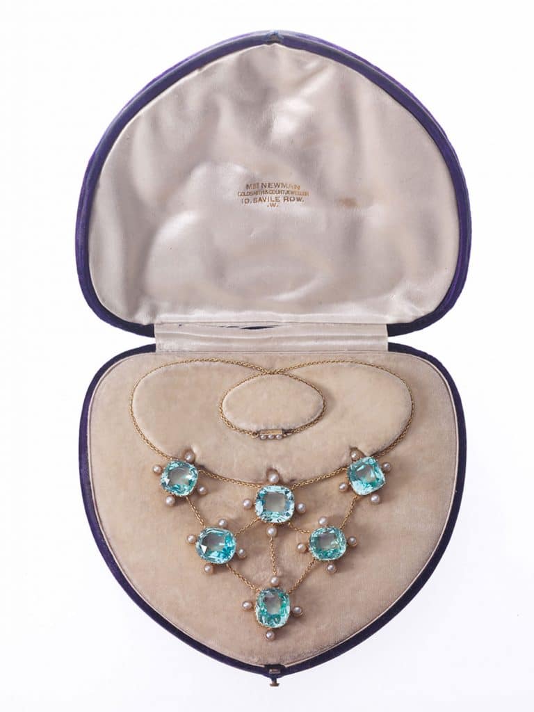 A gold, pearl and aquamarine necklace by Charlotte Newman at the Flagler Museum